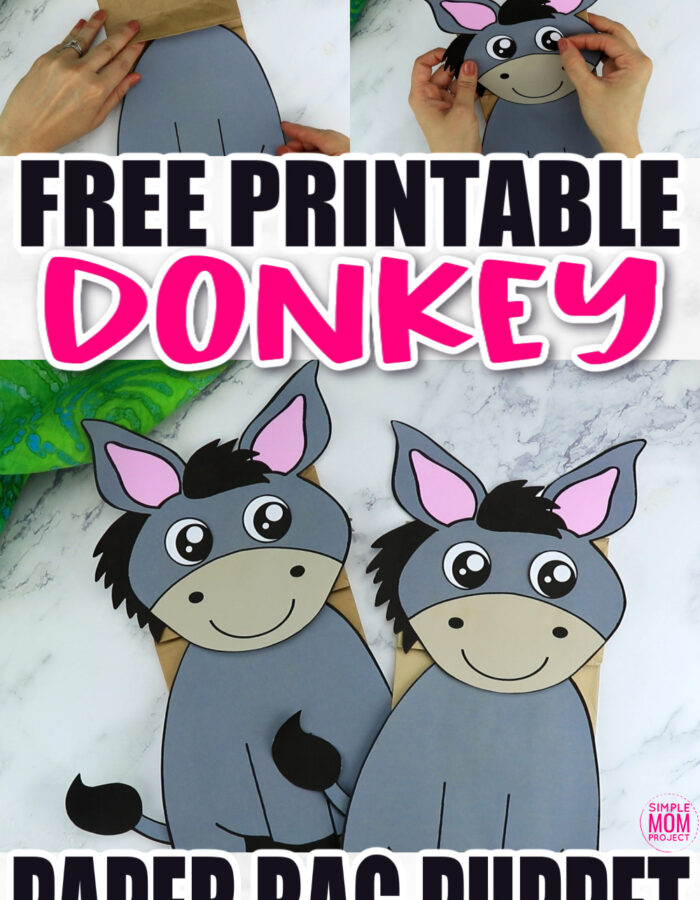Are you looking for a fun way to put on a puppet show? Click now to download and print our paper bag puppet donkey template. Your kids will love putting on their favorite animal and make funny donkey noises! This donkey paper bag puppet craft is perfect for kids of all ages including preschoolers and toddlers.