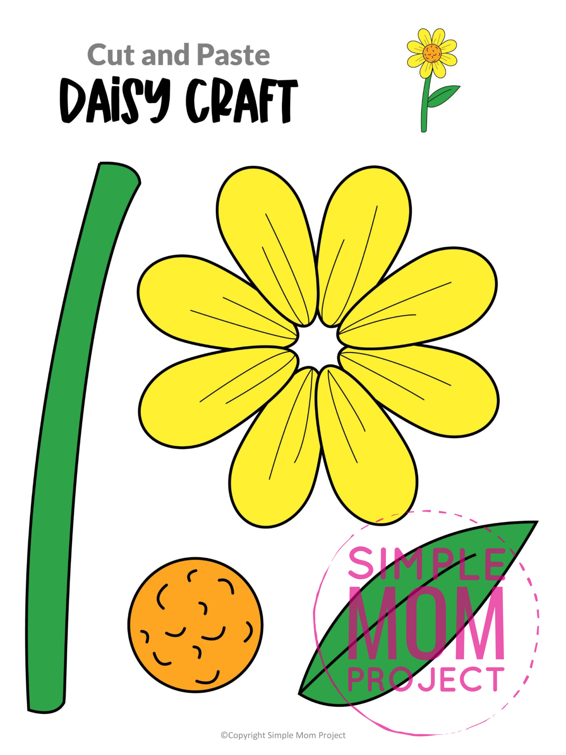 Free Printable Daisy Flower Craft template for kids, Daisy craft for toddlers and Daisy craft for kindergartners