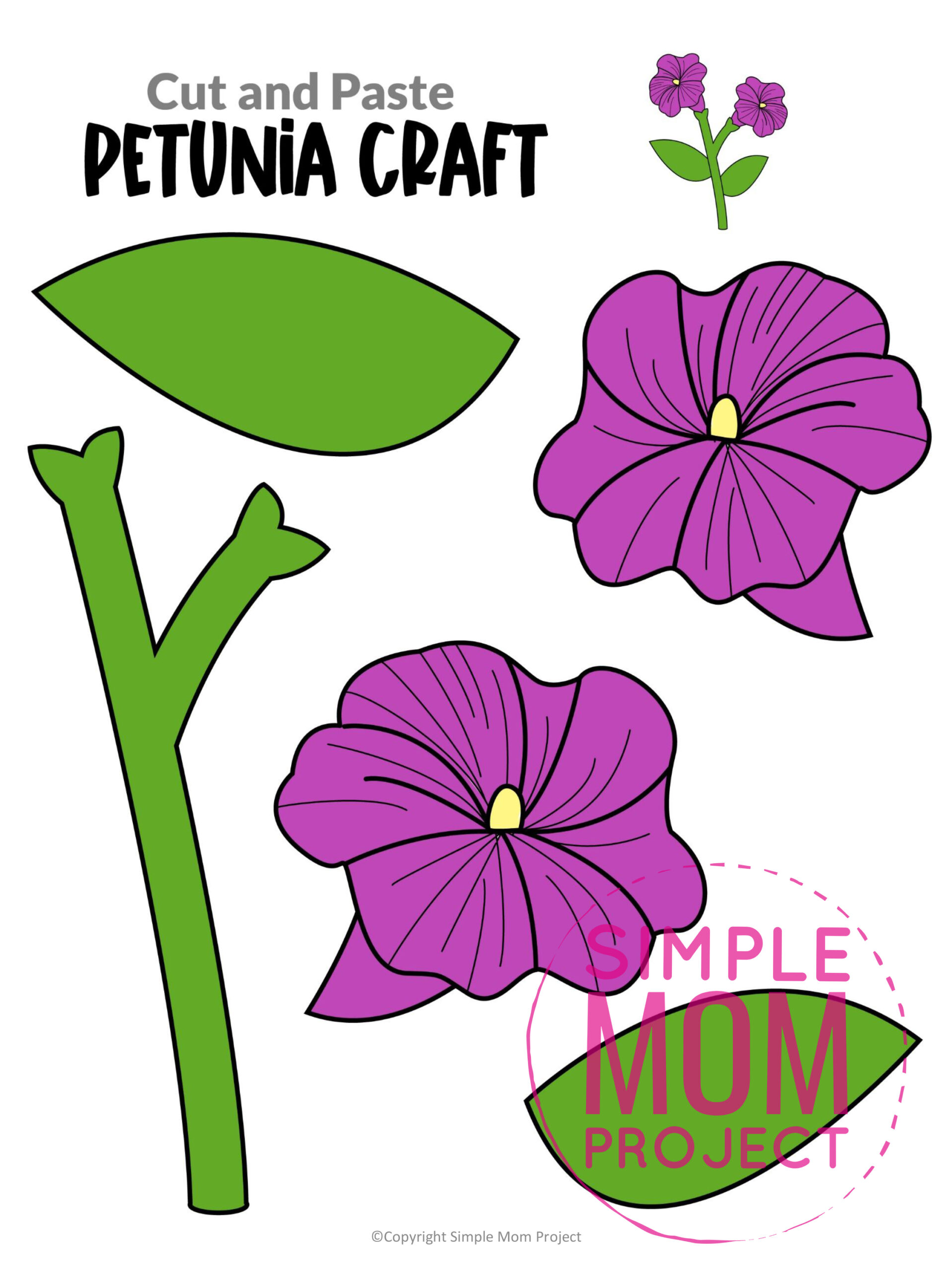 Free Printable Petunia Flower Craft template for kids, Petunia craft for toddlers and Petunia craft for kindergartners