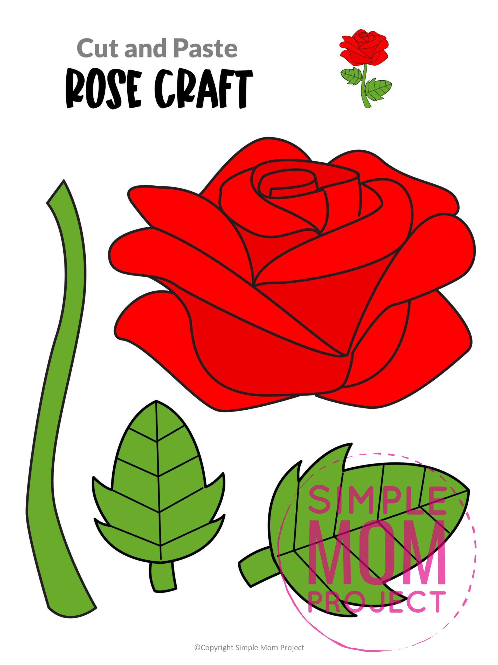 Free Printable Rose Flower Craft template for kids, Rose craft for toddlers and Rose craft for kindergartners