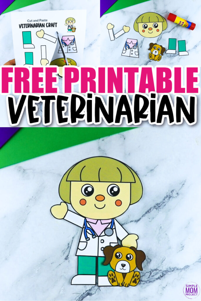 Do your kids love to pretend to play at vet clinics? Are you searching for a printable way to decorate your classroom as you have career exploration day? What about vet writing prompts? Well this preschool and kindergarten veterinarian craft is the perfect thing! Click and download your free printable veterinarian craft today!