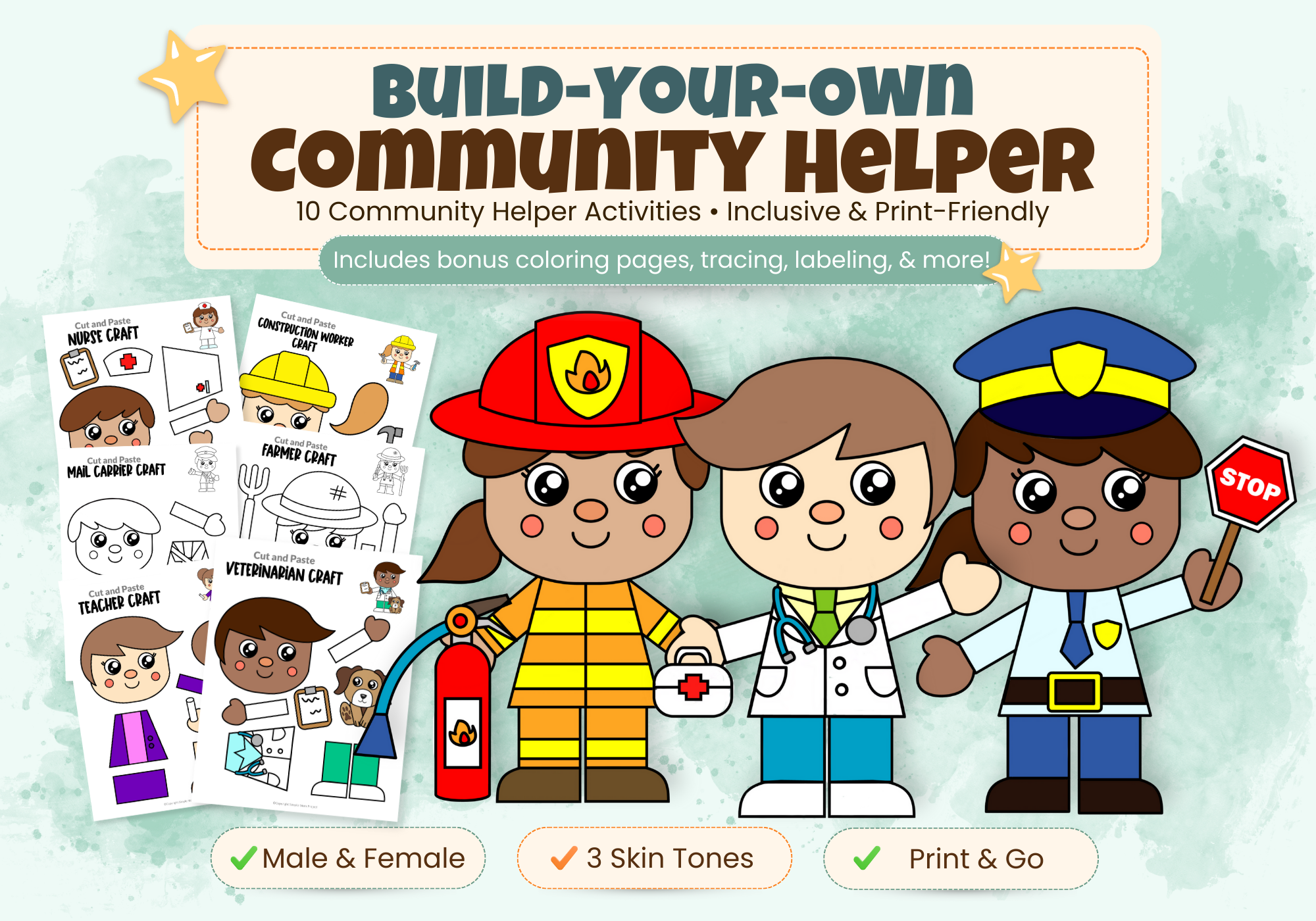 community helpers crafts for kids printable bundle cut and paste activities preschool kindergarten