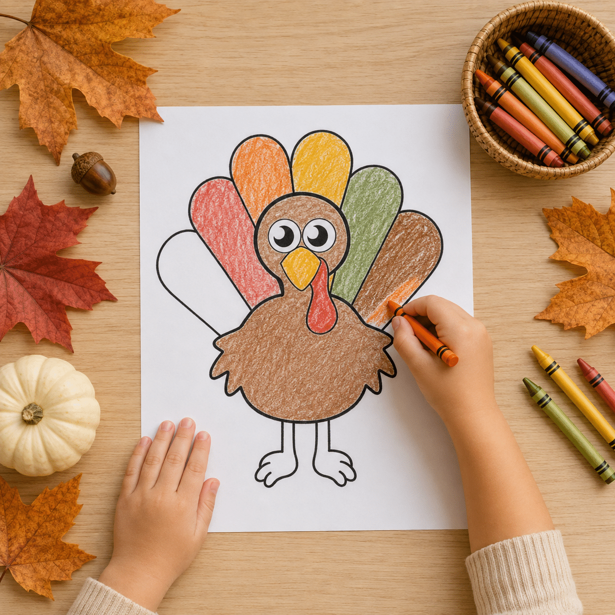 Child coloring a printable turkey template surrounded by colorful fall leaves and autumn craft supplies