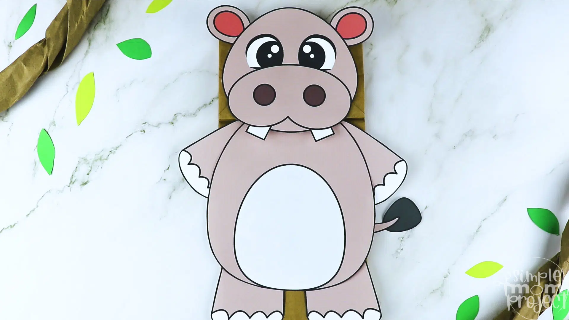 Printable Zoo Animal Hippo Paper Bag Puppet Craft for Kids, preschoolers, toddlers and kindergartners