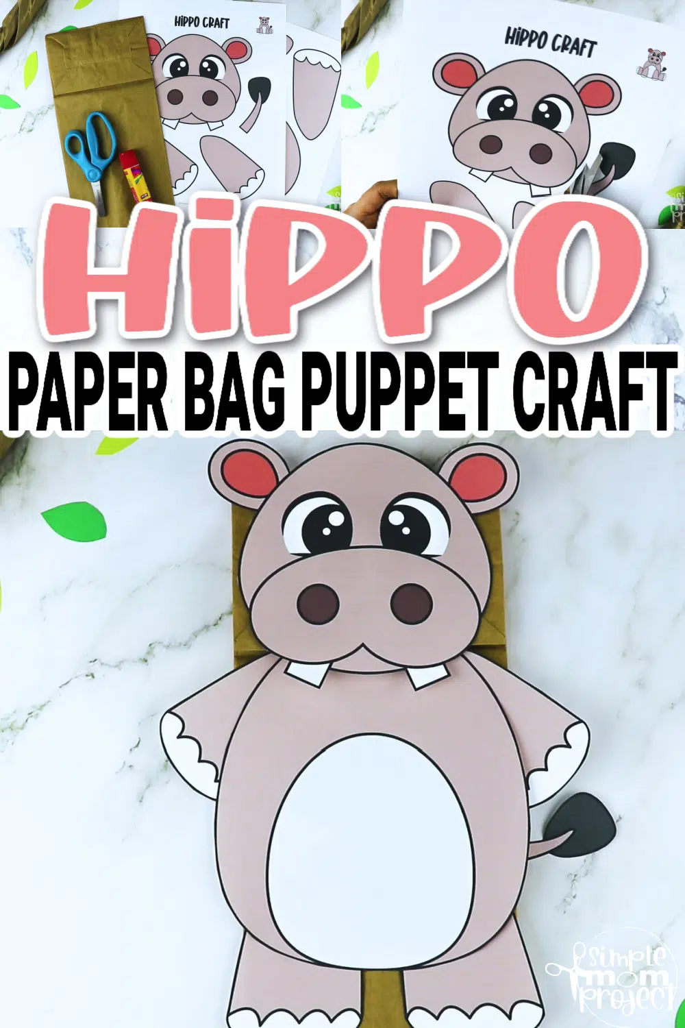 Printable Zoo Animal Hippo Paper Bag Puppet Craft for Kids, preschoolers, toddlers and kindergartners