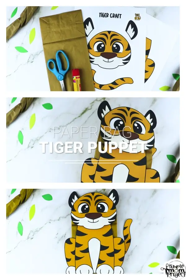 Printable Zoo Animal Tiger Paper Bag Puppet Craft for Kids, preschoolers, toddlers and kindergartners