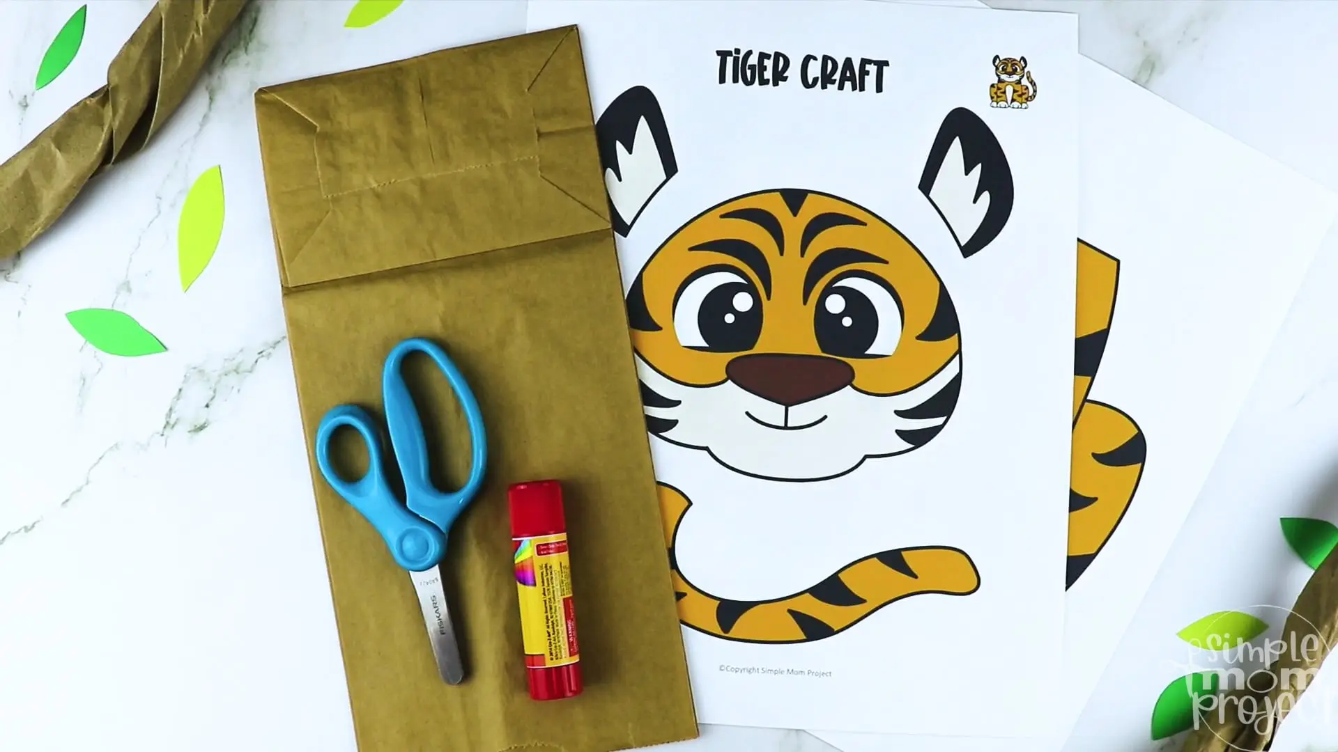 Printable Zoo Animal Tiger Paper Bag Puppet Craft for Kids, preschoolers, toddlers and kindergartners