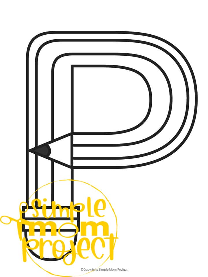 Printable Letter P is for Pencil Coloring Page Letter P template for preschool, toddlers, kindergarten kids 1