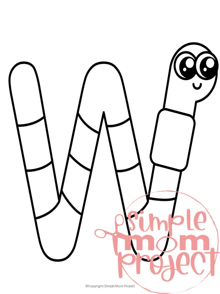 Printable Letter W is for Worm Coloring Page Letter W template for preschool, toddlers, kindergarten kids 1