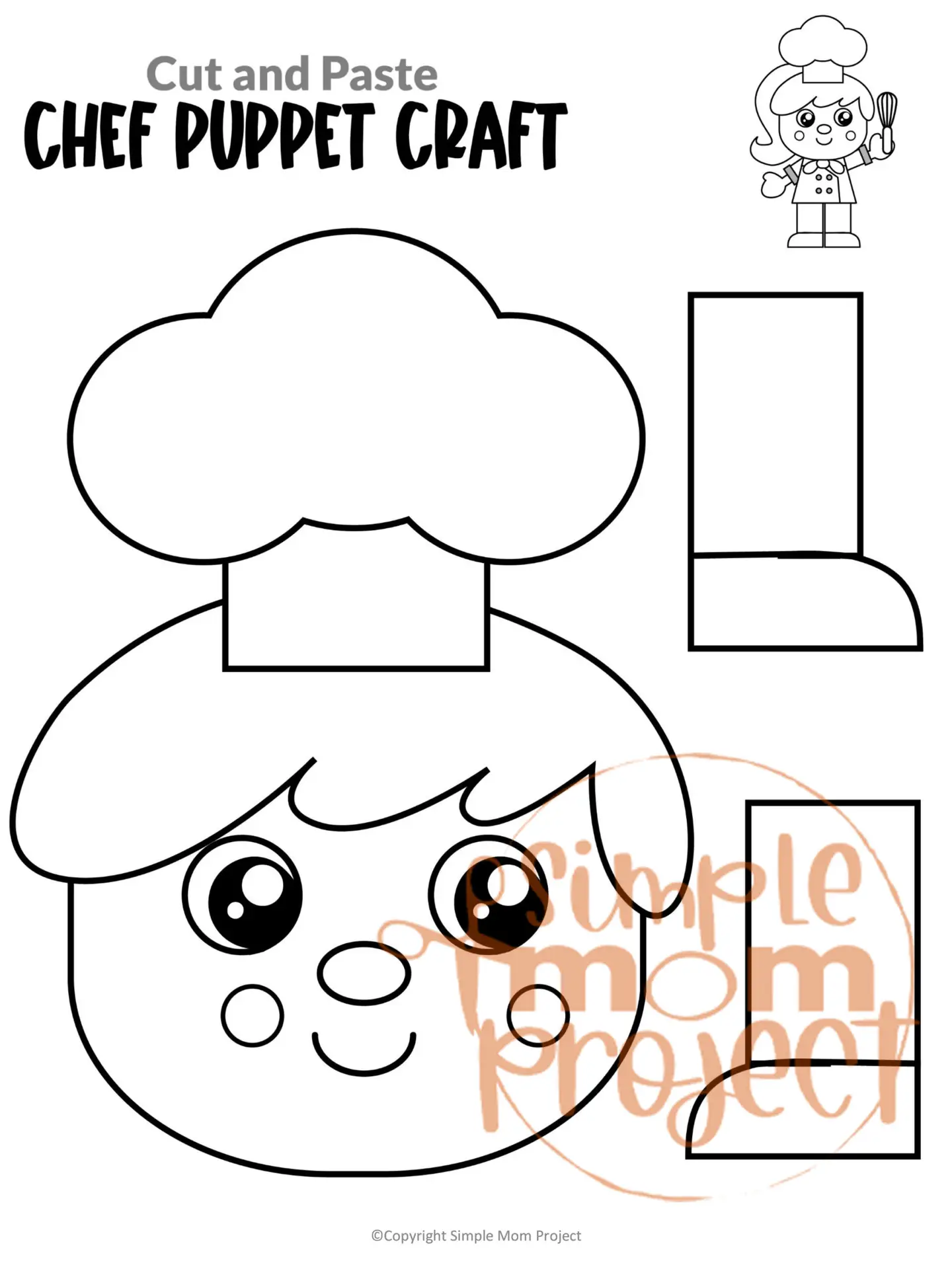 Printable Chef Paper Bag Puppet Community Helper Craft for Kids Preschooler Toddler