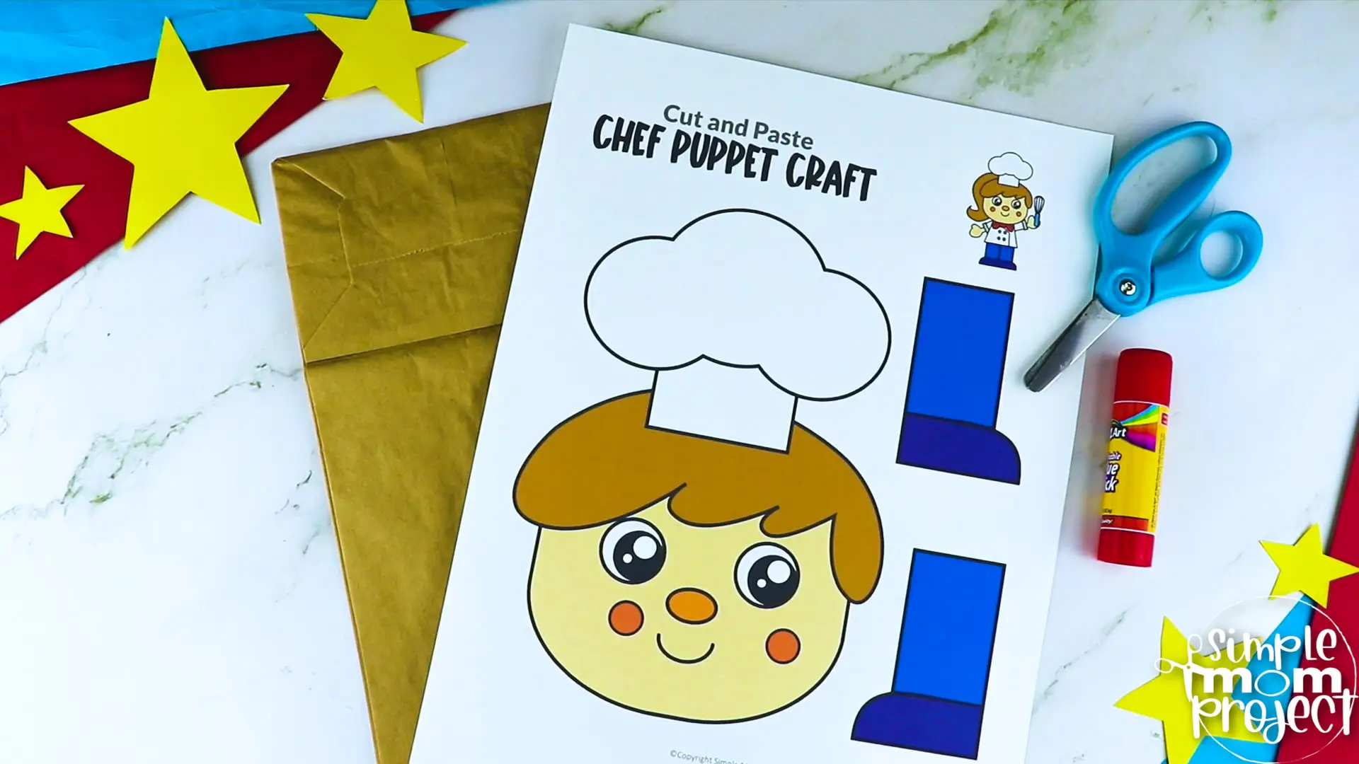 Printable Chef Paper Bag Puppet Community Helper Craft for Kids Preschooler Toddler