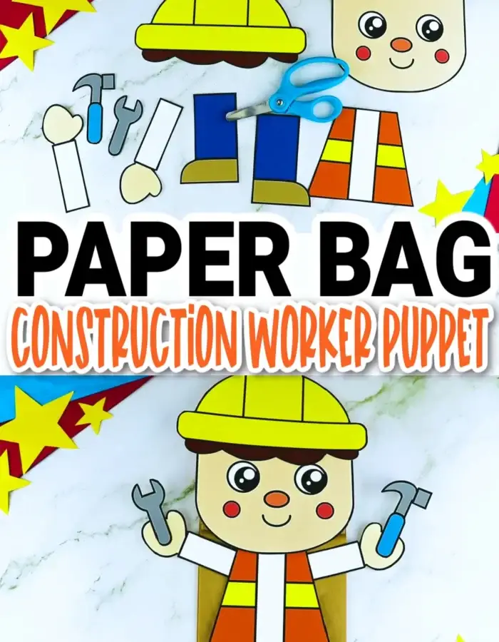 Looking for easy cut and paste paper crafts to add in your puppet show? Look no further! These printable construction worker paper bag puppet crafts are the ideal activities for toddler, preschool or kindergarten kids. This construction worker puppet making is great to improve children’s motor skills and creativity. Download and purchase your printable construction worker puppet templates now!