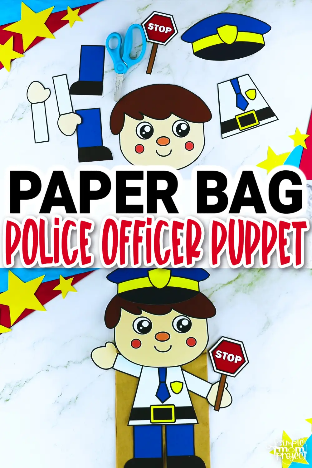 Printable Police Officer Paper Bag Puppet Community Helper Craft for Kids Preschooler Toddler