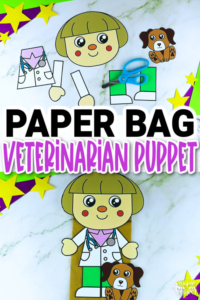 Are your kids pet lovers? Do they love to pretend to play at vet clinics? These printable veterinarian paper bag puppet crafts are the perfect activities for them! These diy veterinarian hand puppets would make a great addition to your community helper theme puppet show or decorations. Take out your crafting materials and download these printable veterinarian puppet templates now!