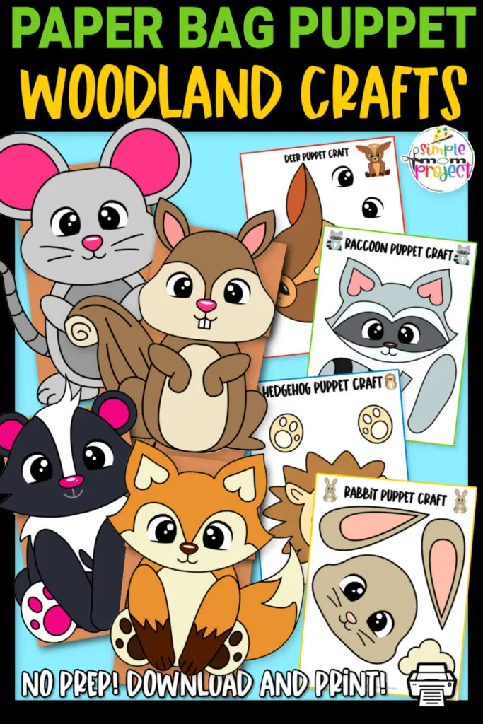 These super easy, fun printable woodland animal paper bag puppet crafts are perfect to include in your learning and crafting activities with your toddler, preschool and kindergarten kids. Use these hand puppet woodland creatures for your next puppet show. Print these woodland animal puppet templates today!