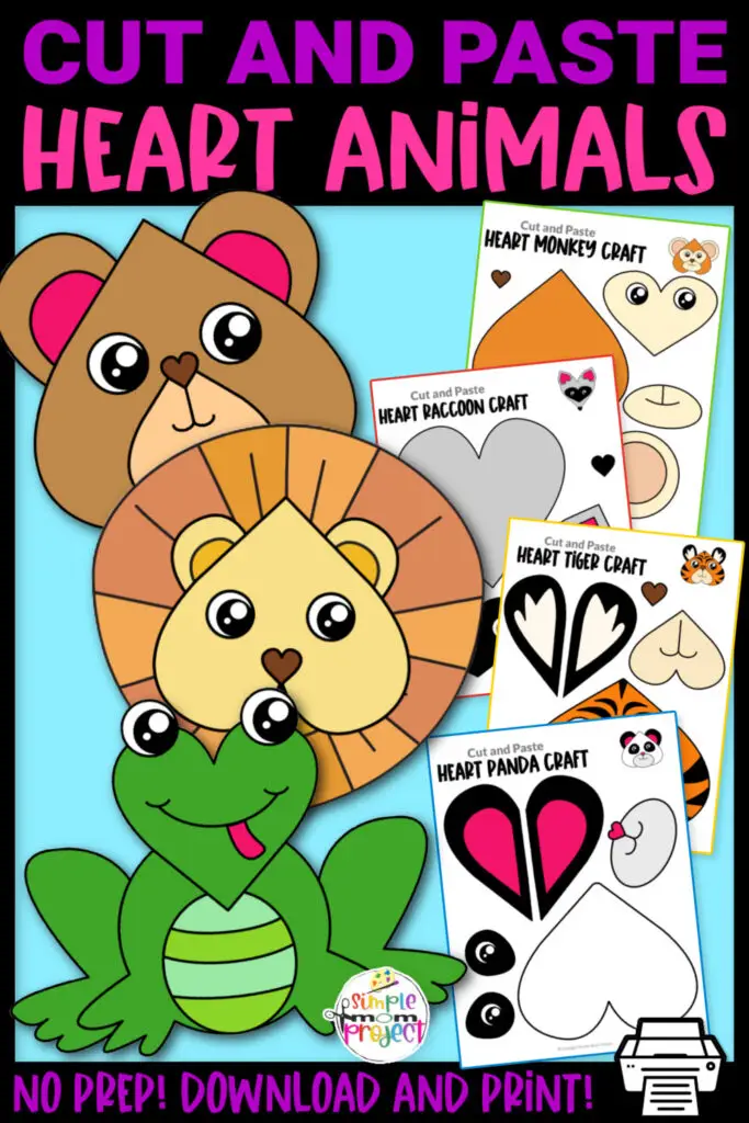 Printable Cut and Paste Heart Animal Crafts for Kids Preschool Toddler Kindergarten