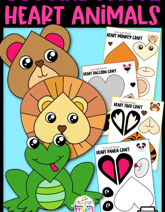 Printable Cut and Paste Heart Animal Crafts for Kids Preschool Toddler Kindergarten