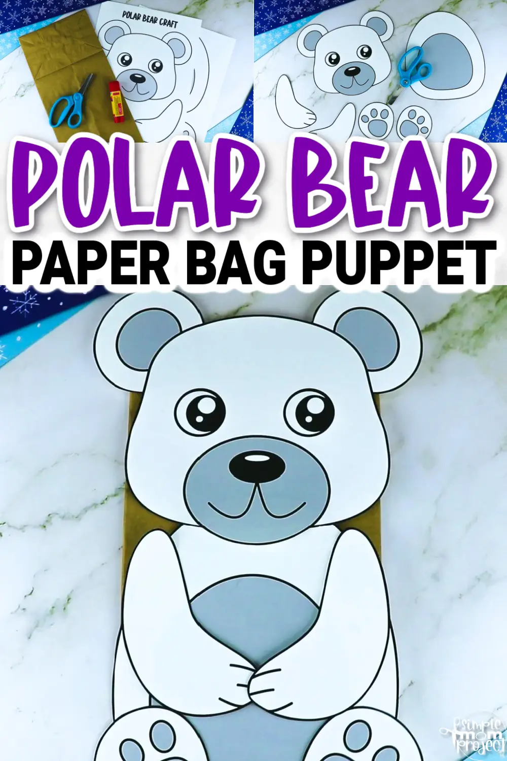 Printable Polar Bear Paper Bag Puppet Craft for Kids, Preschoolers, Toddlers, kindergarten elementary polar bear crafts winter crafts