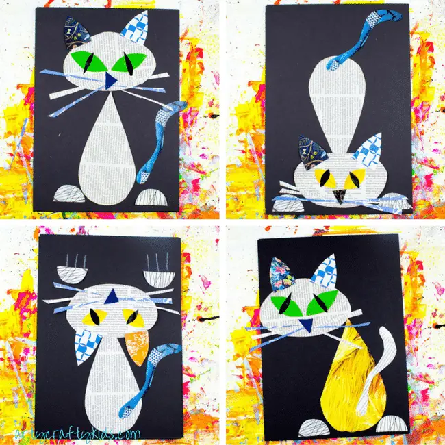 Cool cat newspaper art project for kids, preschoolers, toddlers and kindergarteners