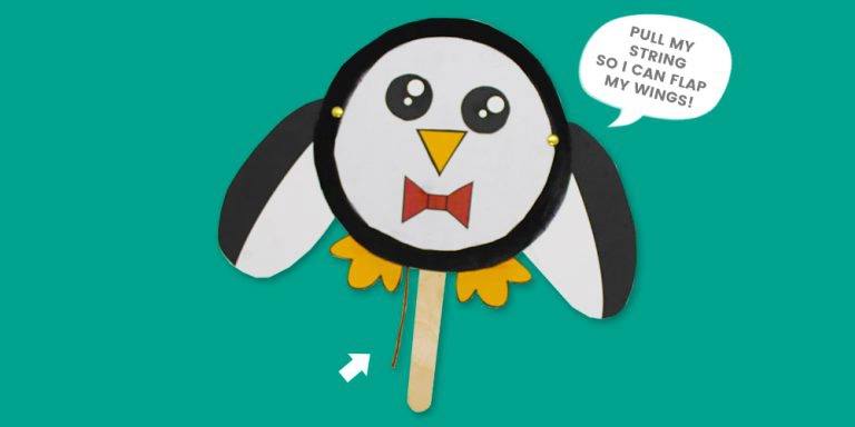 DIY flapping paper plate penguin puppet