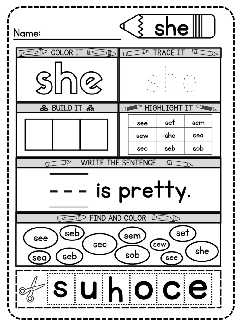 Free Printable She Sight Word Worksheet for Kindergarten - Simple Mom ...