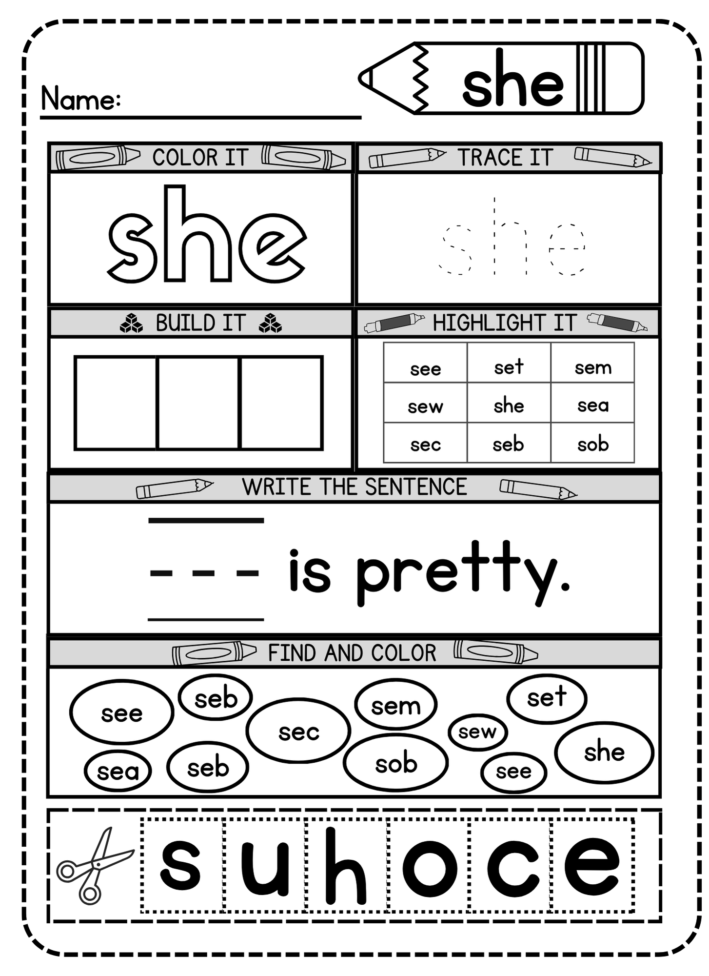 Free Printable She Sight Word Worksheet for Kindergarten – Simple Mom ...