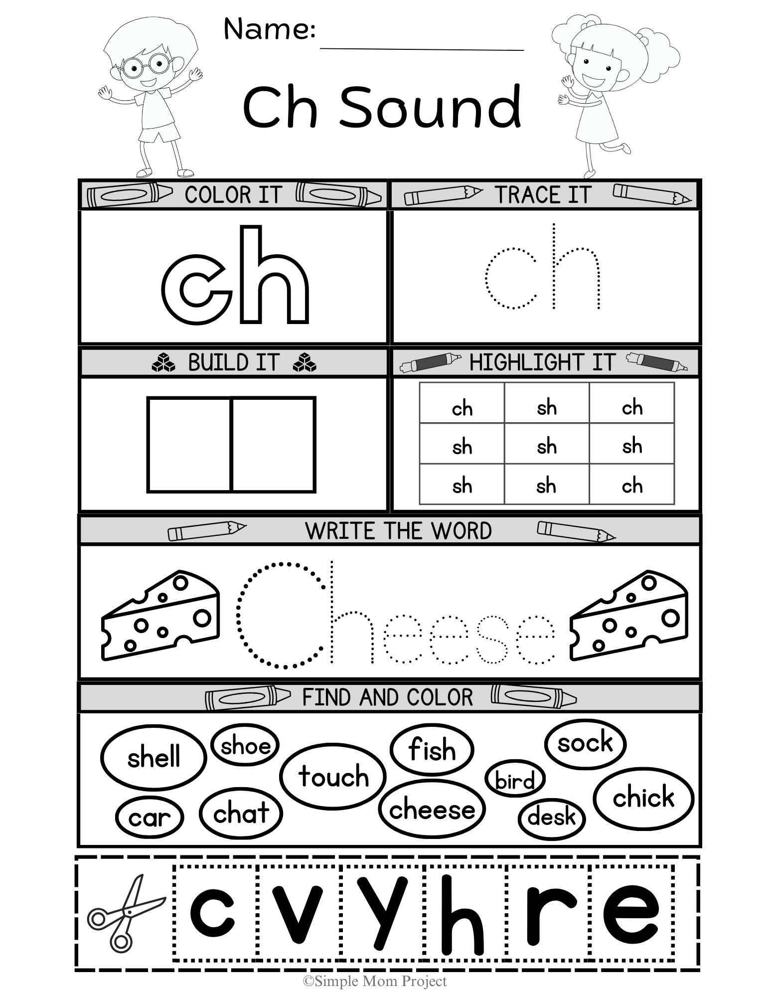 CH sounds worksheet for kids, toddlers, preschoolers and kindergartens