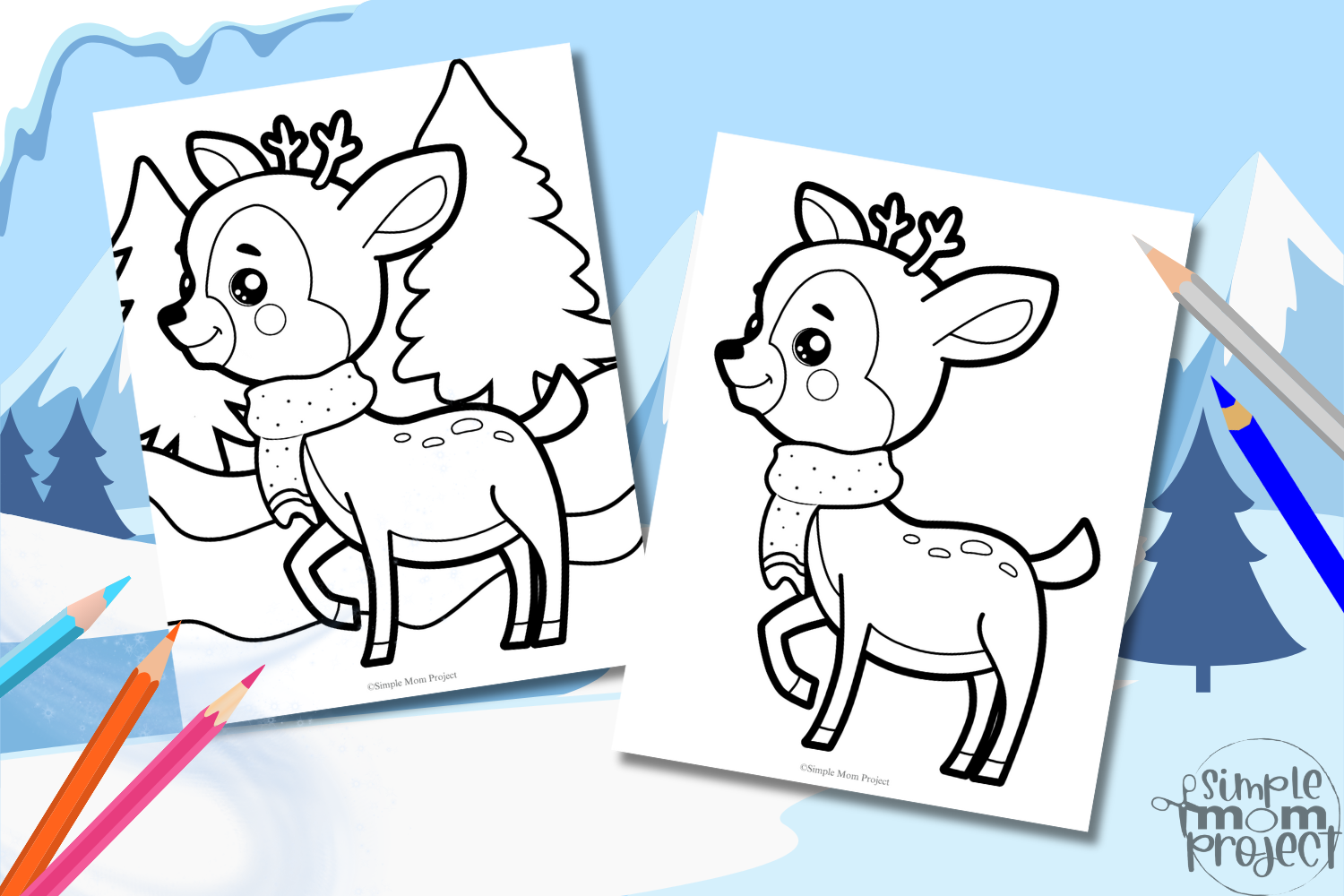 Free Winter Deer Coloring Page for toddlers, preschoolers and kindergarten kids