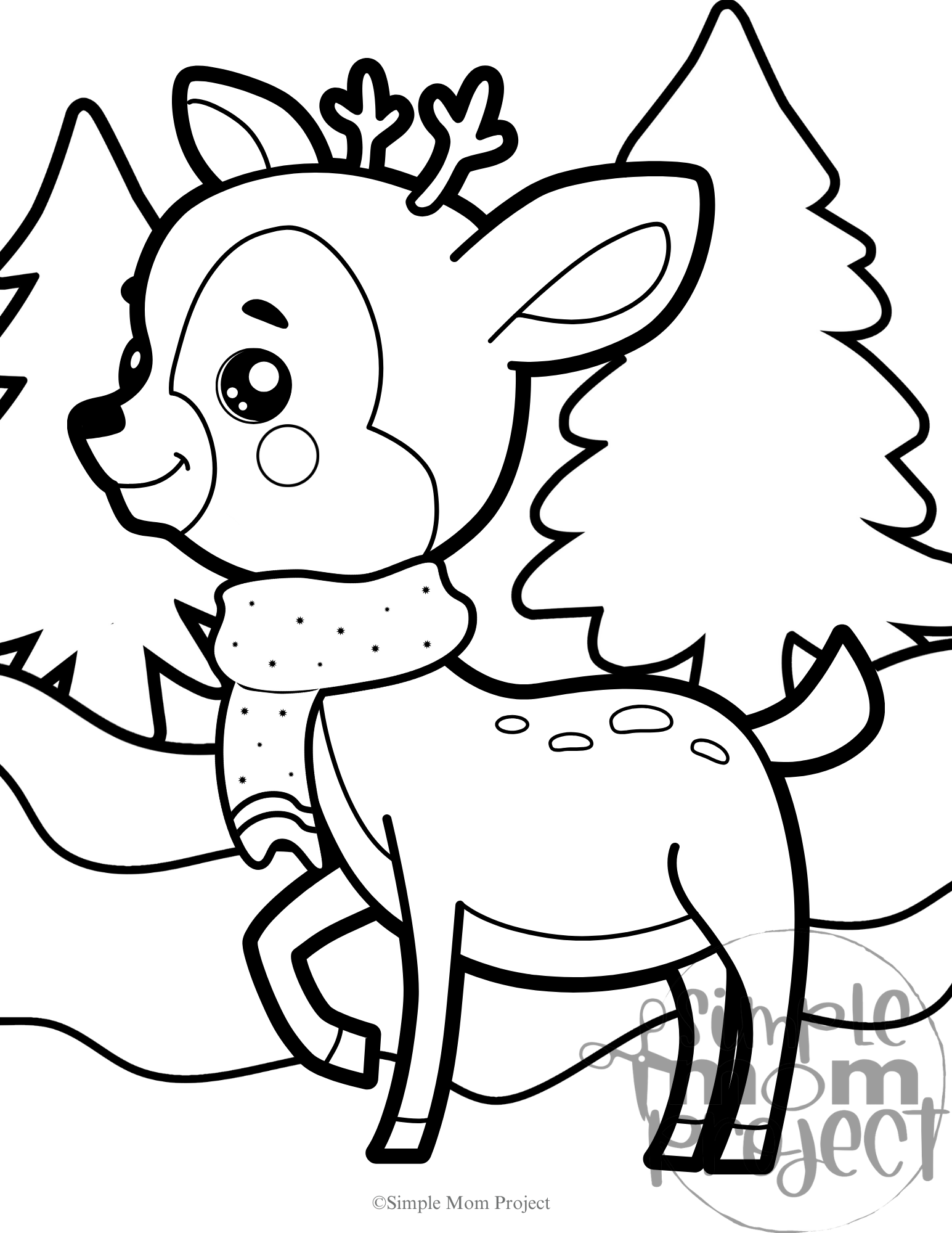 Winter Deer Coloring Page for toddlers, preschoolers and kindergaten kids