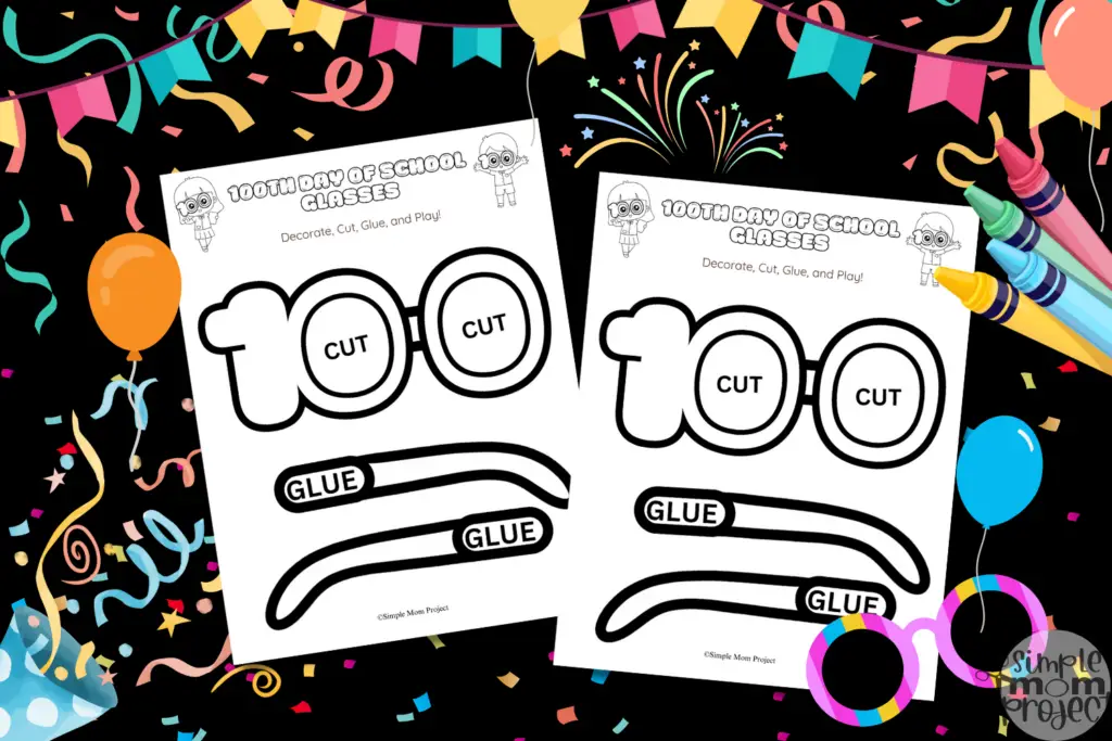 Free Printable 100th Day School Glasses Template for toddlers, preschoolers and kindergarten kids