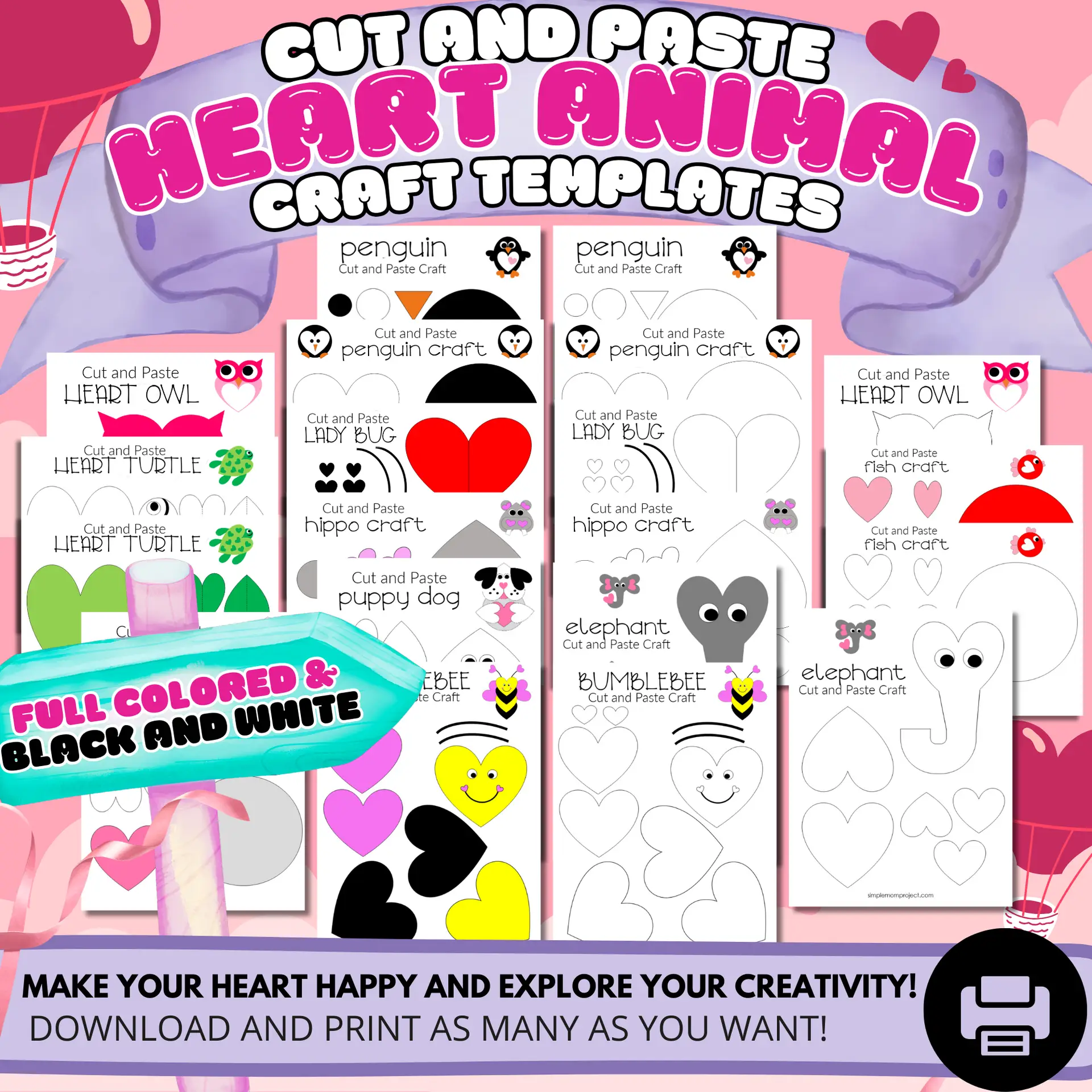 Heart Animal Cut and Paste Crafts - Simple Mom Project Store