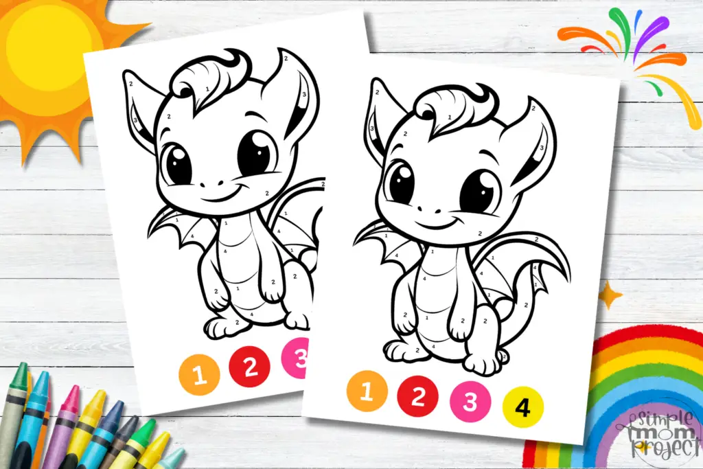 Printable Dragon Color by Number Activity for toddlers, preschoolers and kindergarten kids