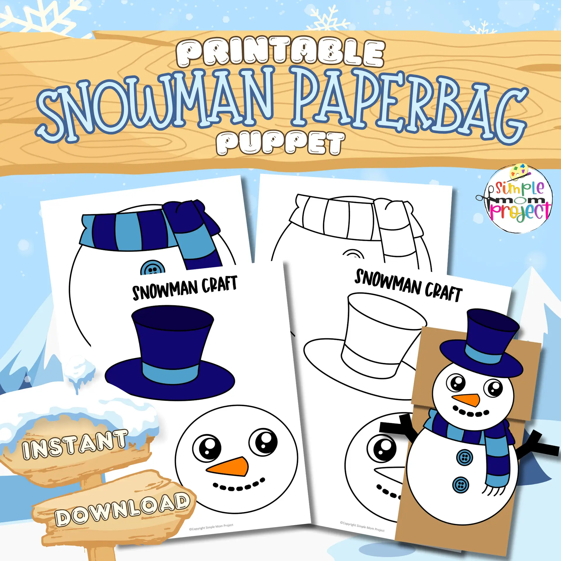 Snowman Paper Bag Puppet Craft Template