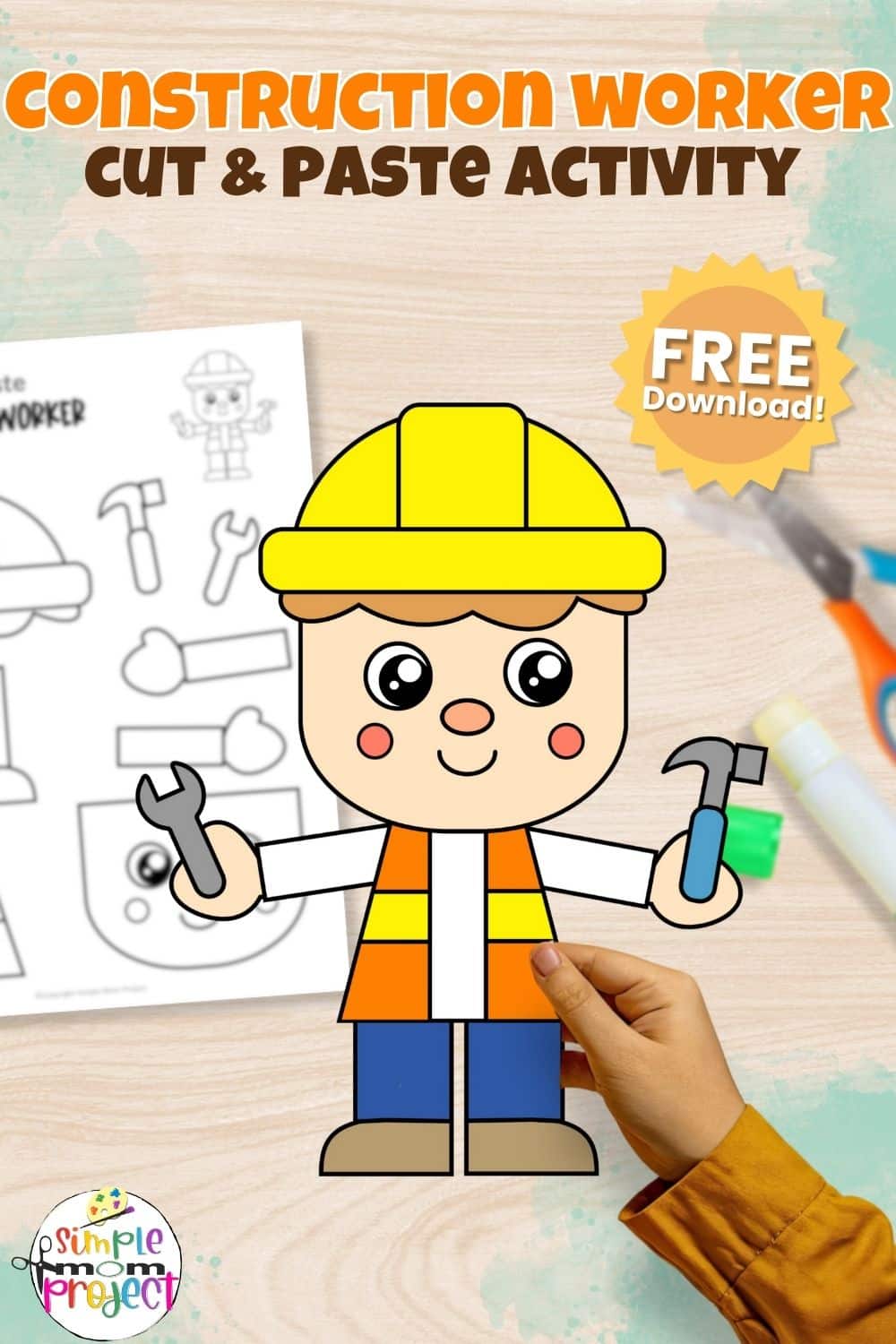 Black and White Printable Construction Worker Cut and Paste Craft Template for Kids of all Ages