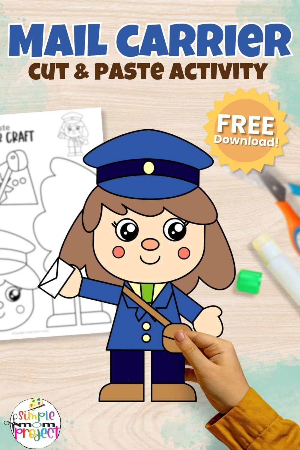 Black and White Printable Mail Carrier Cut and Paste Craft Template for Kids of all Ages