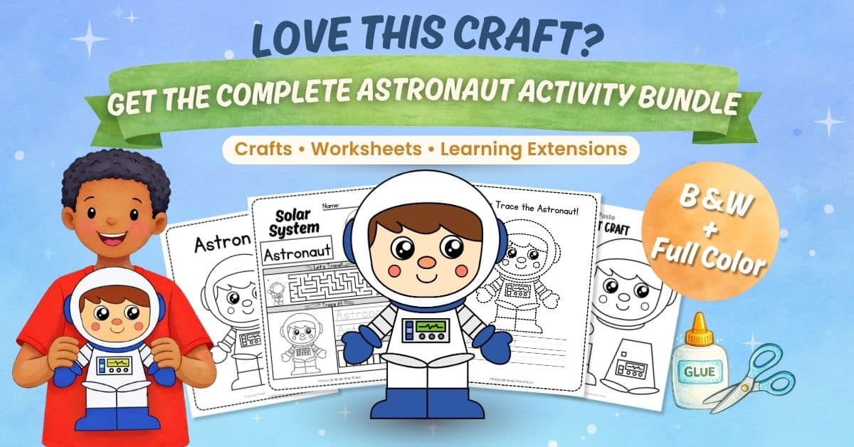 Astronaut cut and paste craft printable for kids space activity with black and white and color templates