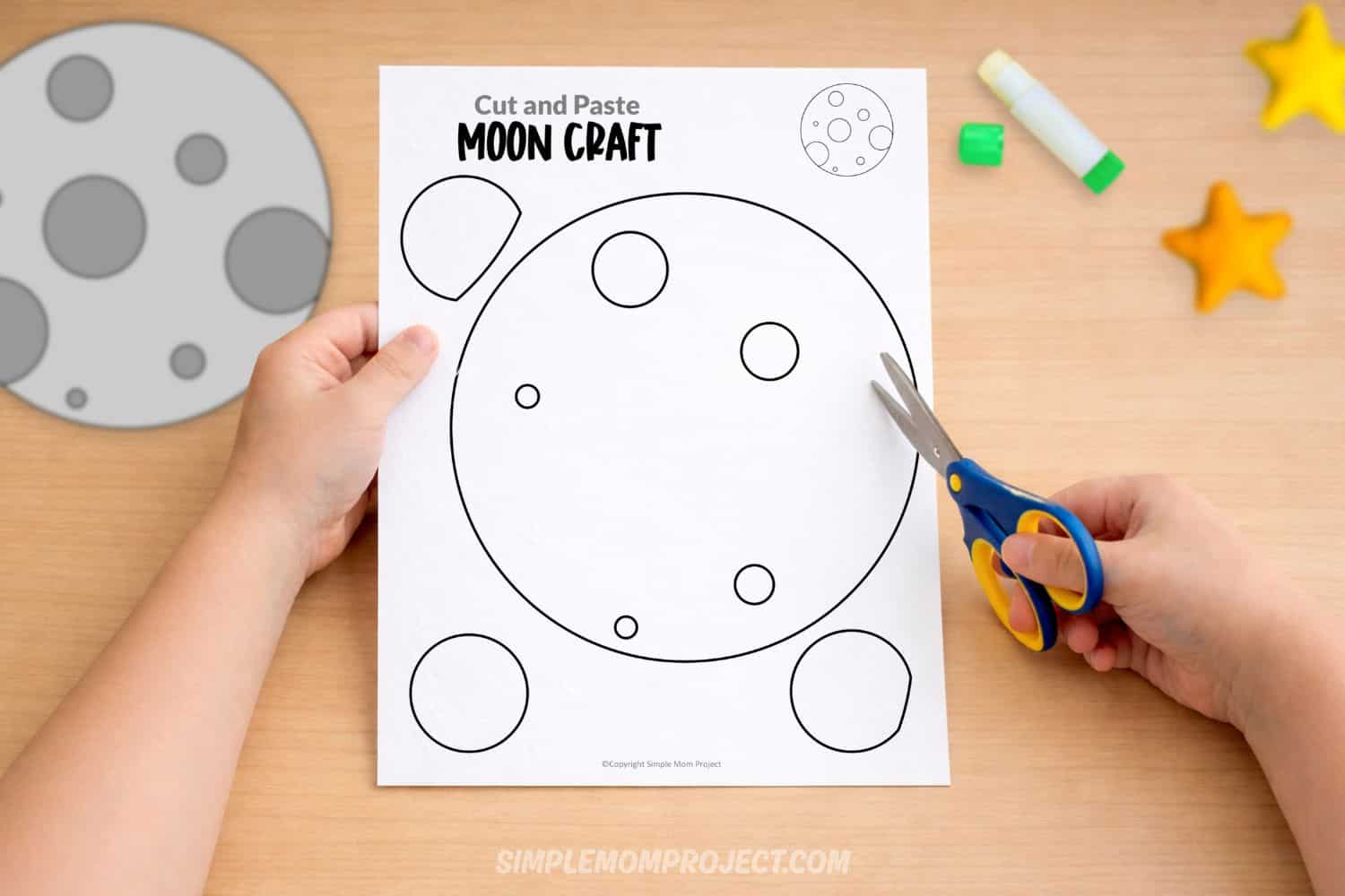 Moon cut and paste craft printable kids space learning worksheet