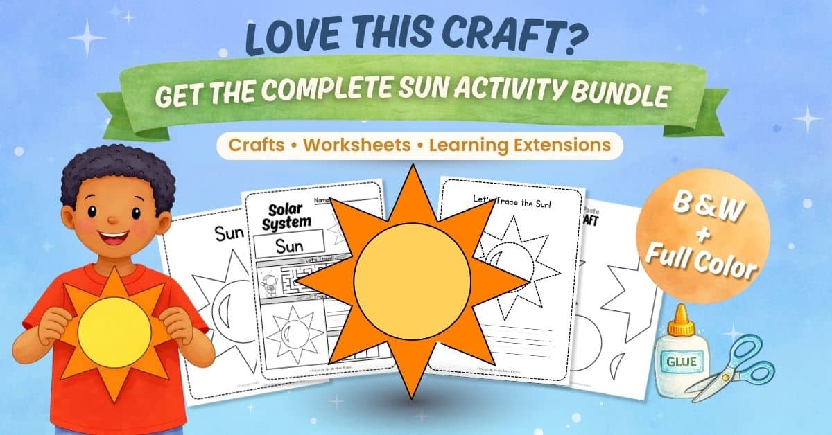 Sun craft printable for kids solar system activity with cut and paste template in black and white and full color