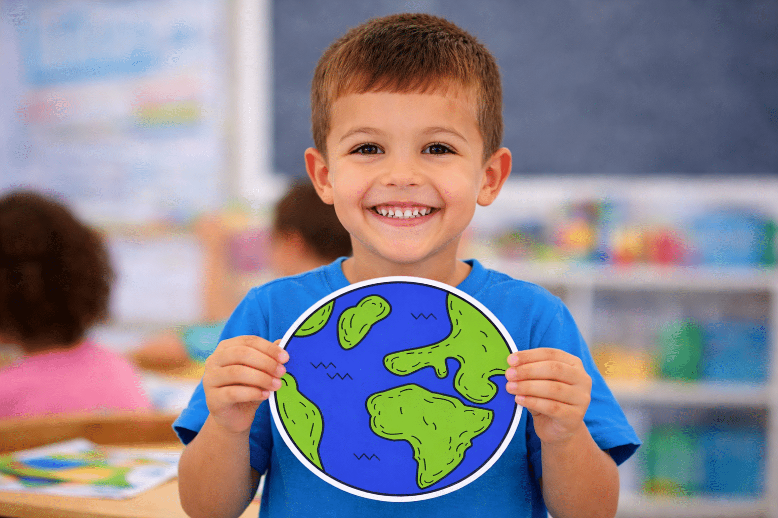 Child holding finished Earth craft printable for kids solar system activity