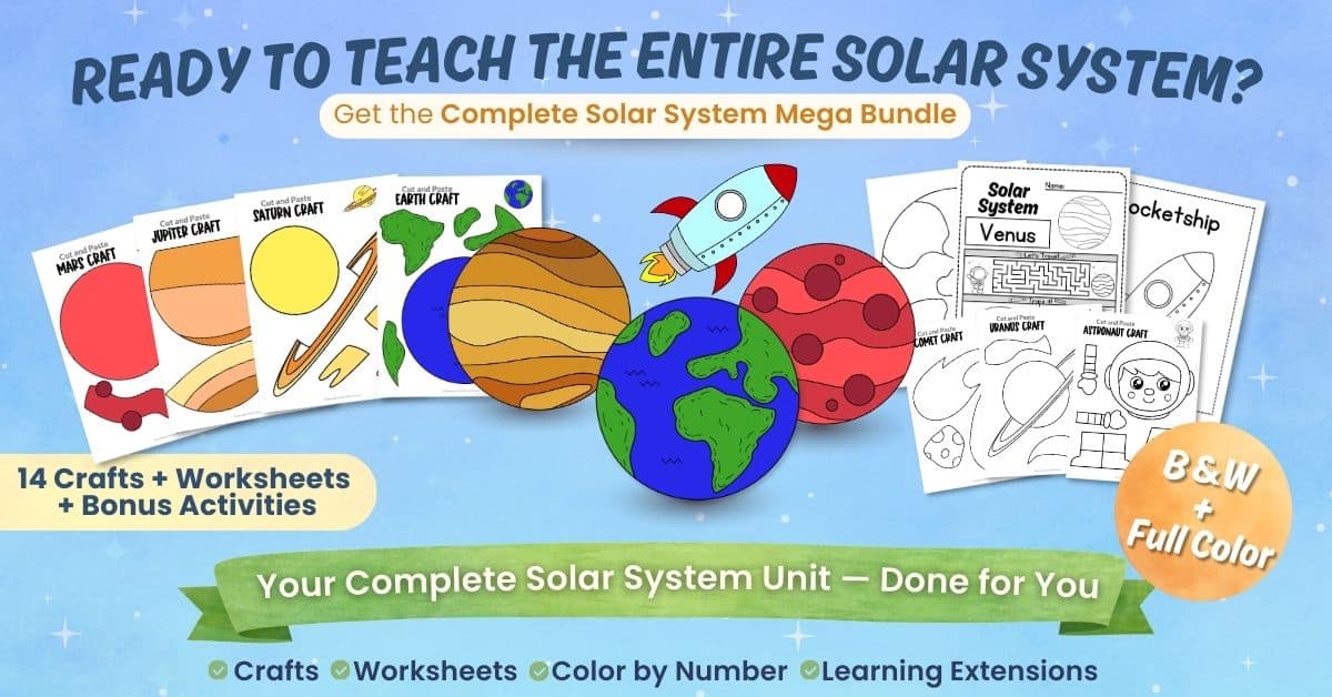 Low prep Solar System craft printable with ready-made lesson plan and solar system worksheets for extra practice