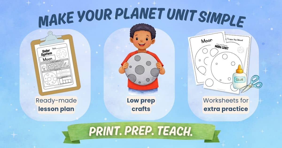 Low prep Moon craft printable with ready-made lesson plan and solar system worksheets for extra practice