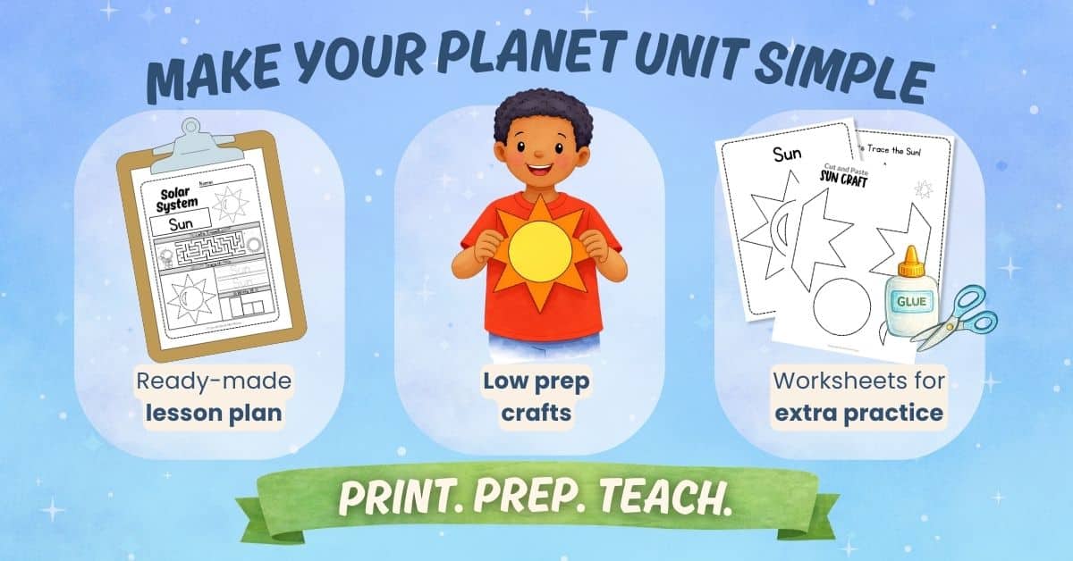 Low prep Sun craft printable with ready-made lesson plan and solar system worksheets for extra practice