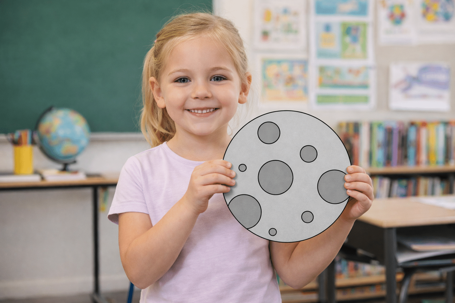 Child holding finished moon craft printable for kids space activity