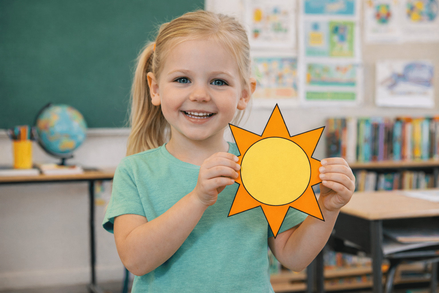 Child holding finished sun craft printable for kids solar system activity