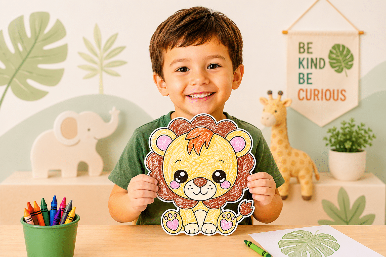 Happy child holding a completed lion cut and paste craft printable for preschool and kindergarten.
