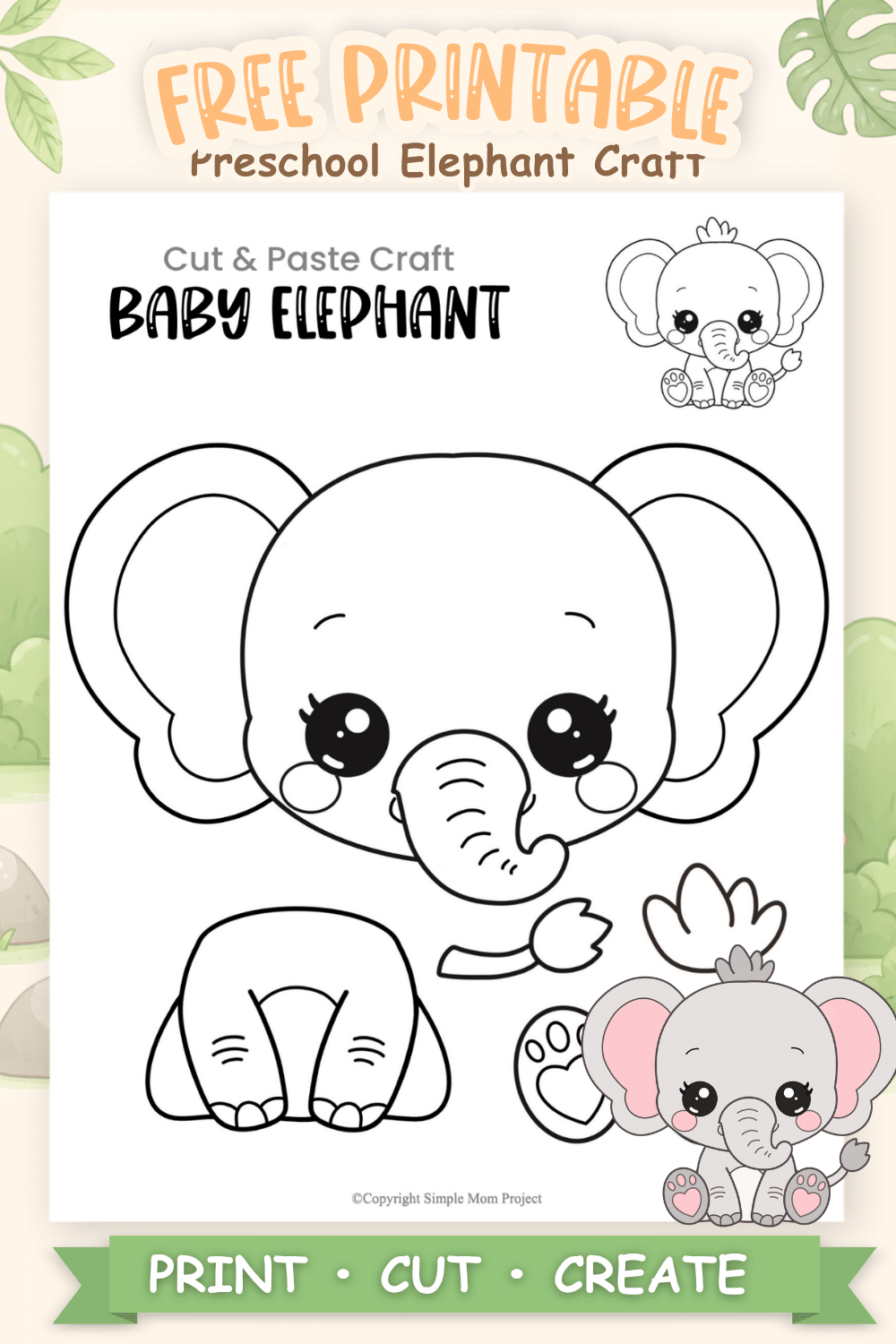 Baby elephant cut and paste craft printable for preschool and kindergarten kids featuring a cute safari animal template for coloring, cutting, and creative play.