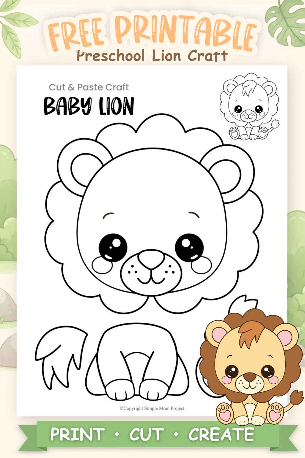 Baby lion cut and paste craft printable for preschool and kindergarten children featuring a cute safari animal activity for coloring and cutting practice.