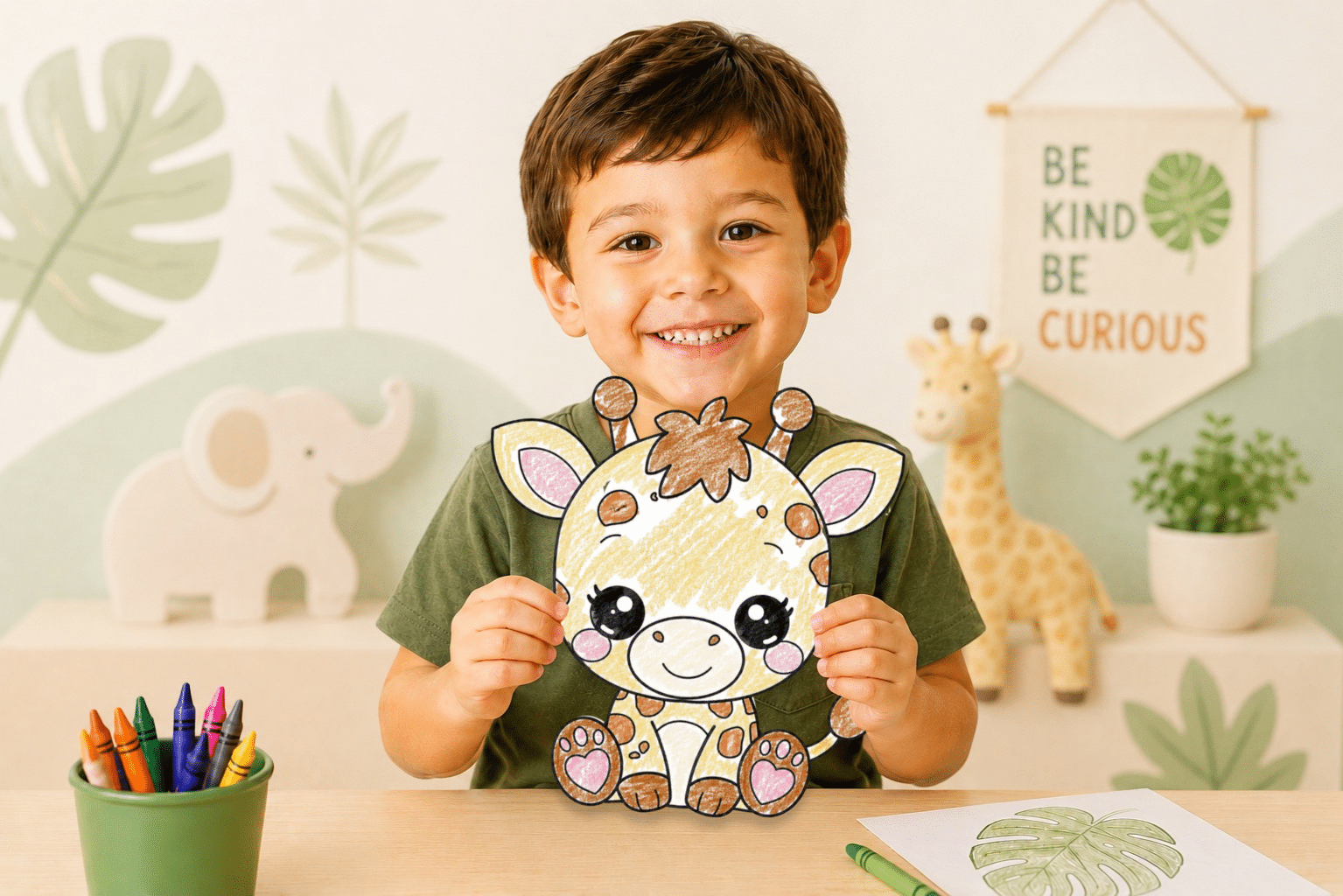 Child holding a printable baby giraffe craft with a cute safari animal in a preschool classroom.