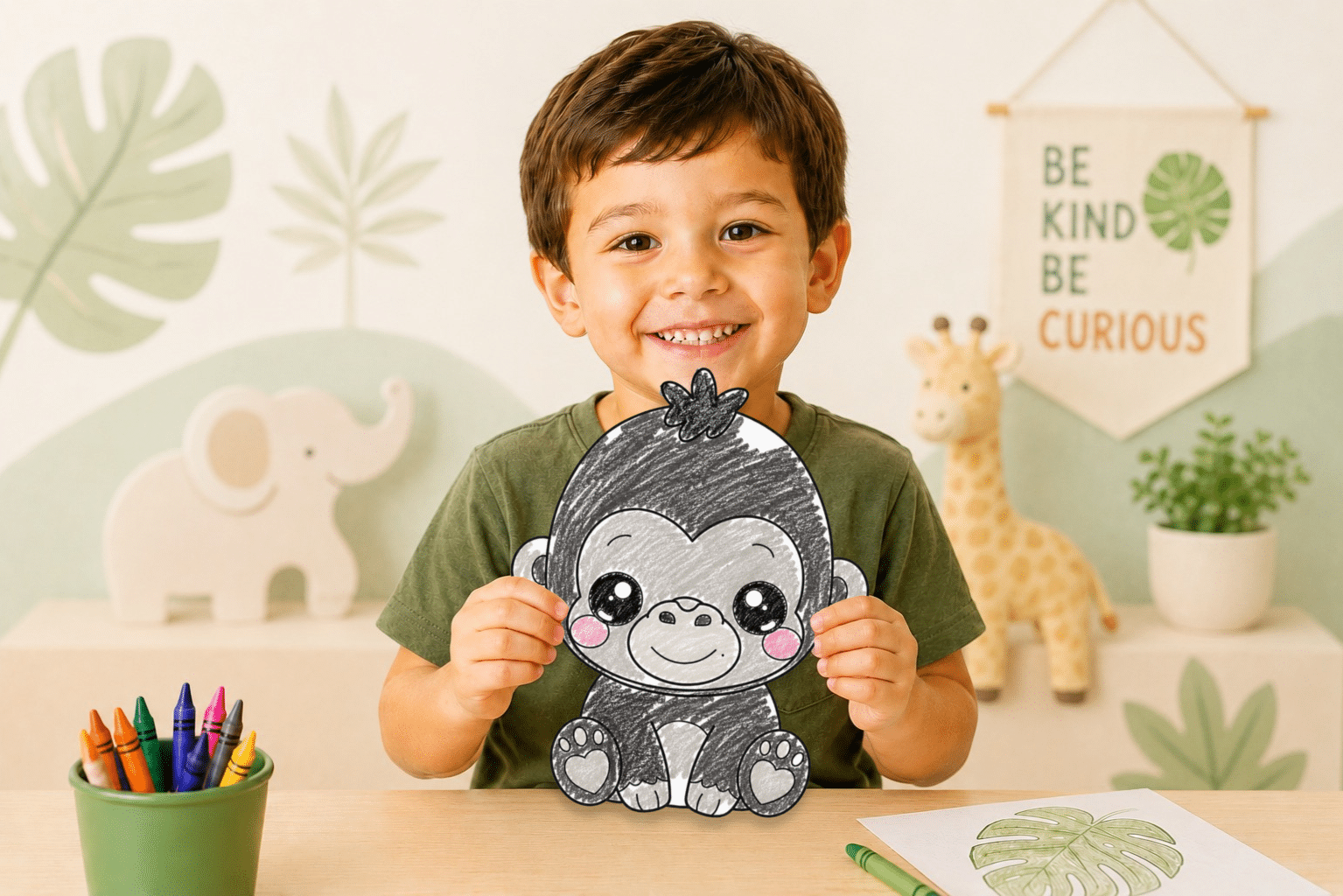 Smiling child holding a printable baby gorilla craft for preschool safari animal activities.