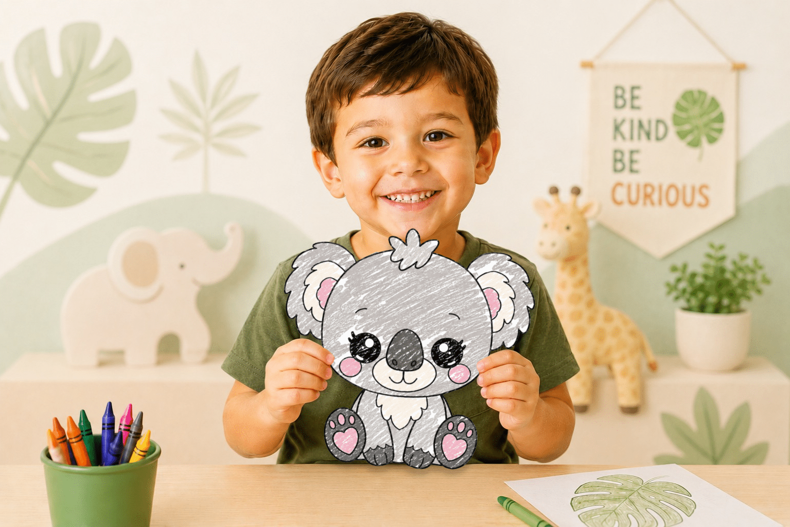 Preschool child holding a printable baby koala craft with cute safari animal template.